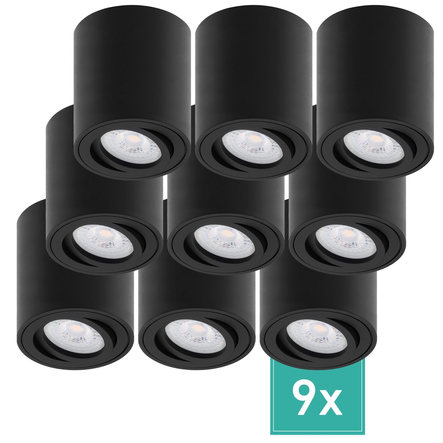 Oktaplex 9er Set Aufbauspot Lile M inkl. LED-Module Dimmbar Warmweiß 3000K 230V Alu Schwarz