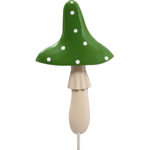 Grüner Gartenstecker Pilz aus Metall, 85cm hoch, mit weißen Punkten. Dekorative Gartendeko.