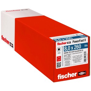 Verpackung Fischer PowerFast II Holzschrauben 8x260 mm, 50 Stück. Tellerkopf, geeignet für Holz und Spanplatten.