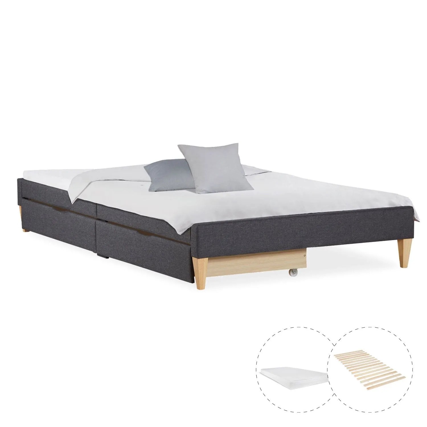 Homestyle4u Polsterbett 140x200 mit Lattenrost Matratze und Bettkästen in Grau 2633