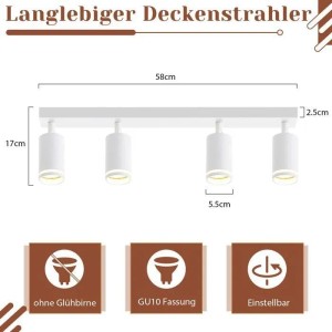 Weißer NETTLIFE Deckenstrahler aus Metall, 4-flammig, 58cm. Skandinavisches Design mit drehbaren GU10 Spots.