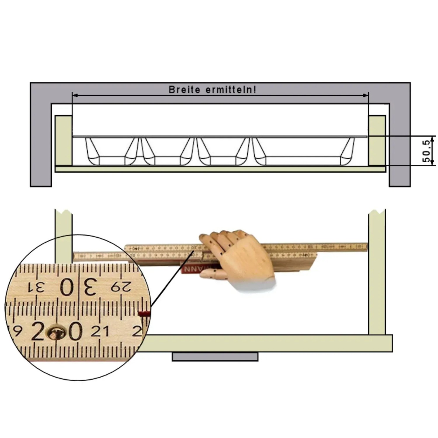 Diagramm: Schubladenmaße für SOTECH ORGA-BOX-3 Besteckeinsätze ermitteln. Zeigt Breite, Tiefe mit Zollstock und Höhe 50,5 mm.