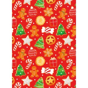 Geschenkpapier Weihnachten mit Lebkuchen, Zuckerstangen, Sternen und Weihnachtsbäumen auf rotem Grund.