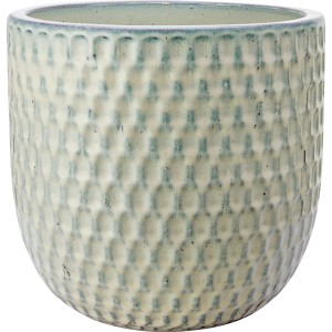 Cremefarbener Keramik Pflanztopf mit Reliefmuster, glasiert, Ø 31 cm.