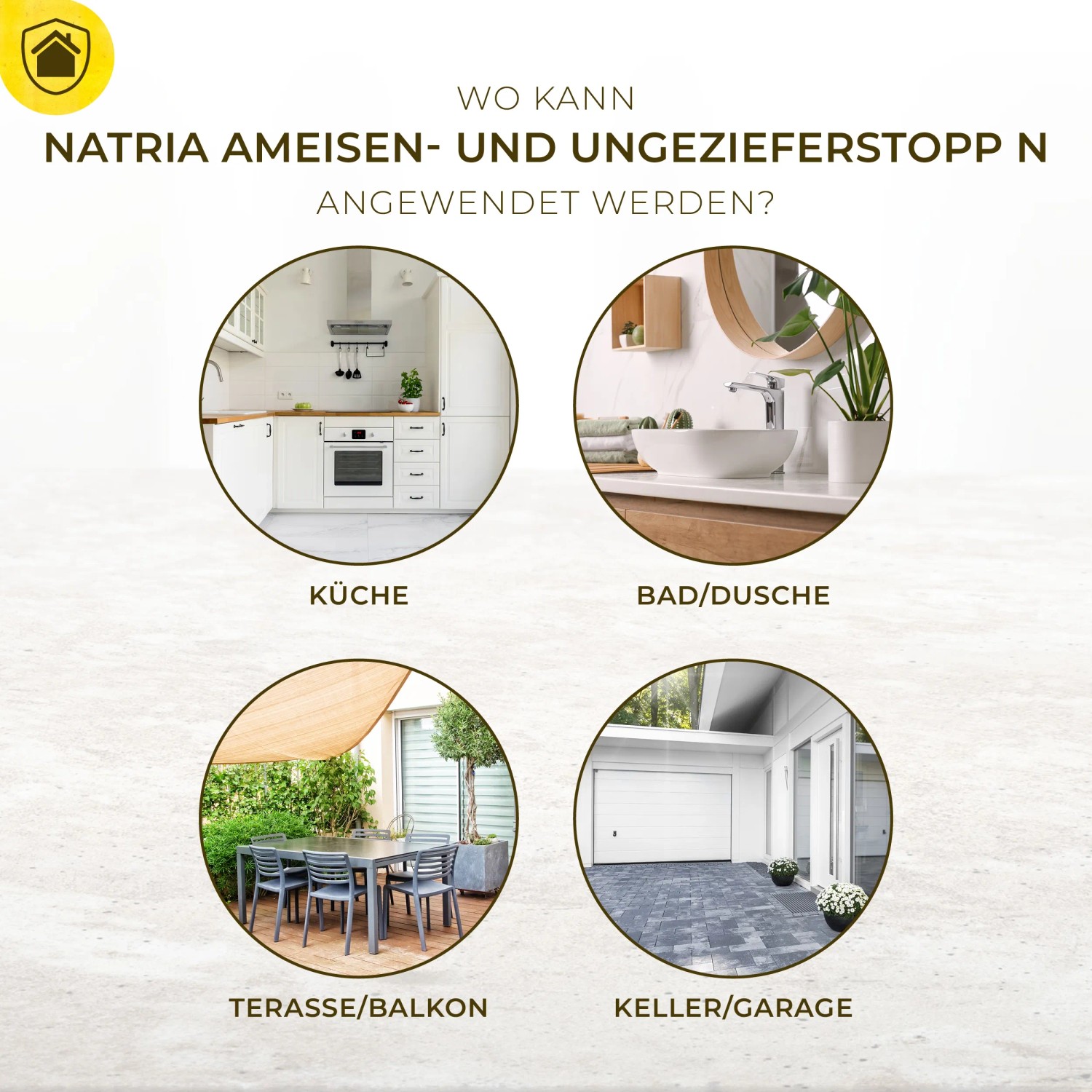 Anwendungsbereiche Protect Home Natria Ameisen- und Ungeziefer Stopp: Küche, Bad, Terrasse, Keller, Garage.