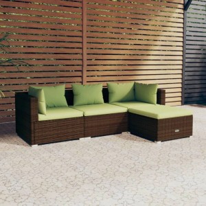 Braunes 4-tlg. vidaXL Garten Lounge Set aus Rattan mit grünen Kissen.