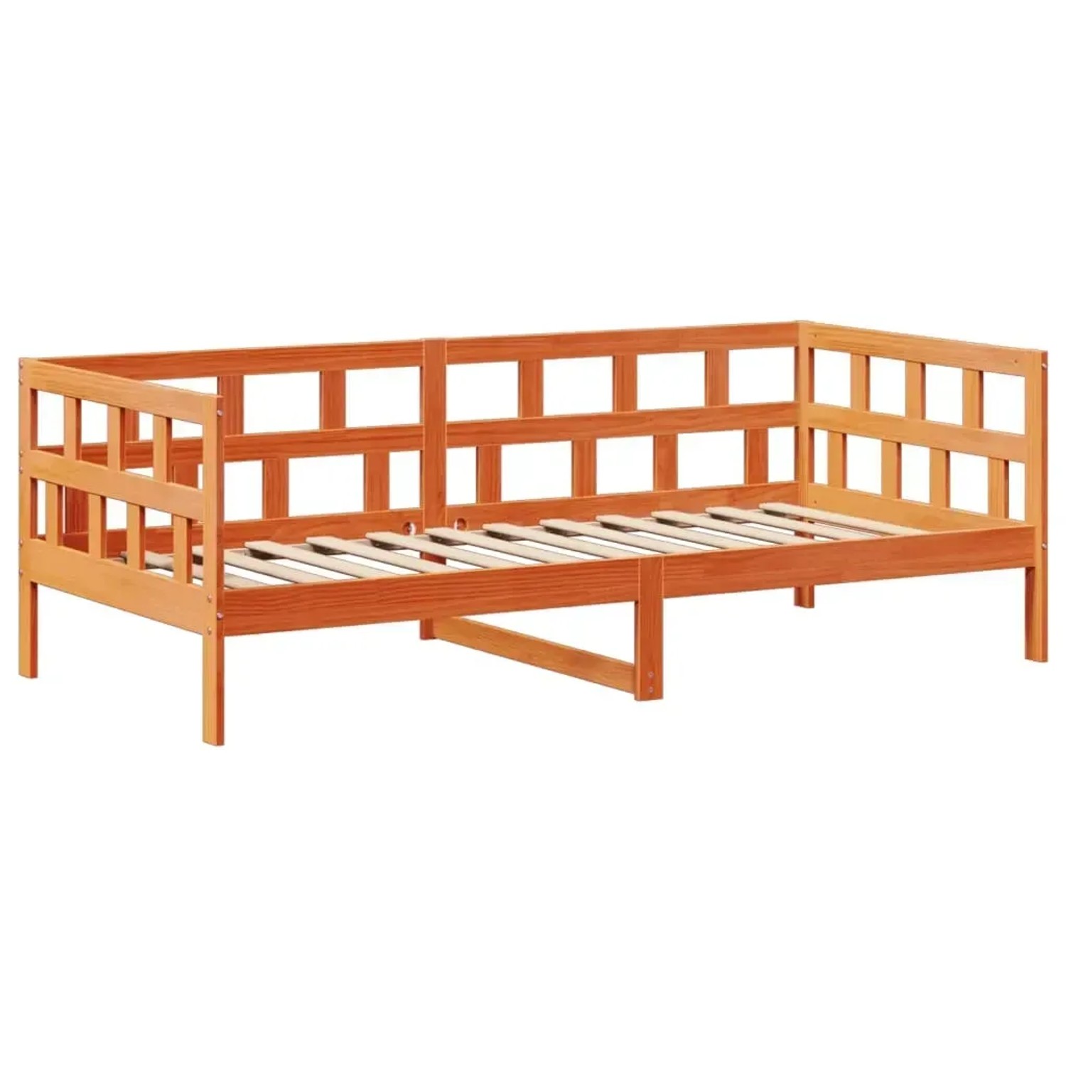 Wachsbraunes vidaXL Tagesbett 80x200 cm aus Kiefernholz mit Lattenrost und Bettgittern.