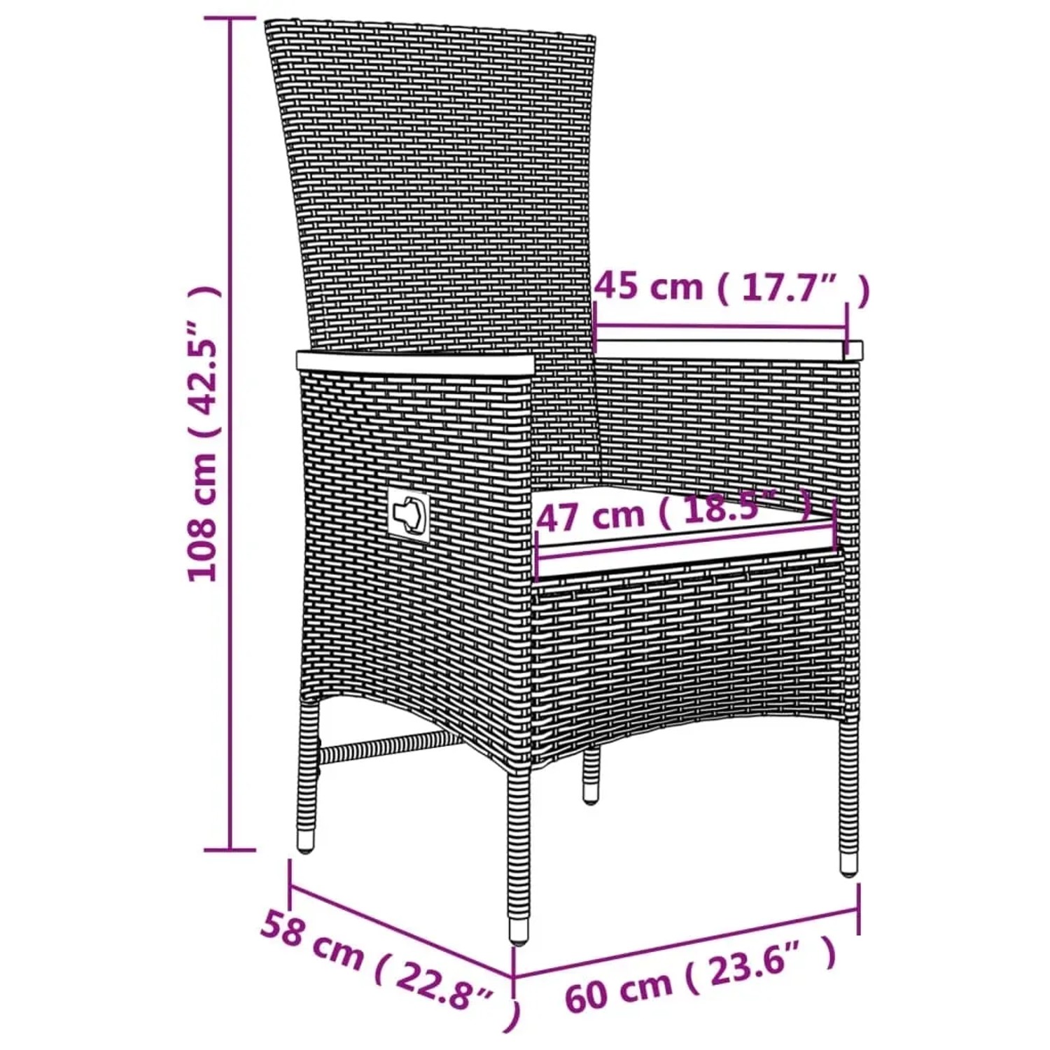 Grauer Gartenstuhl aus Rattan mit Akazienholz, Teil des vidaXL Lounge-Sets. Abmessungen sind eingezeichnet.