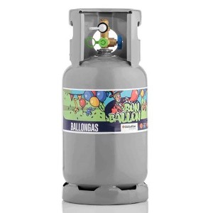 Graue Ballongasflasche Ron Ballon T12 mit 50 Ballons und Füllstutzen.