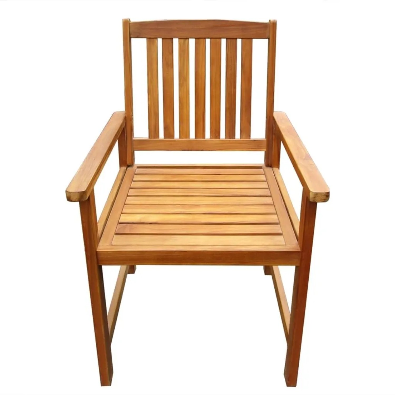 Brauner Gartenstuhl aus massivem Akazienholz mit Lattenrost und Armlehnen für Terrasse oder Balkon.