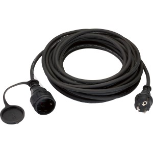Schwarzes 10 m Verlängerungskabel H05RR-F 3G1,5 mit Schutzkontaktstecker und Verschlusskappe.