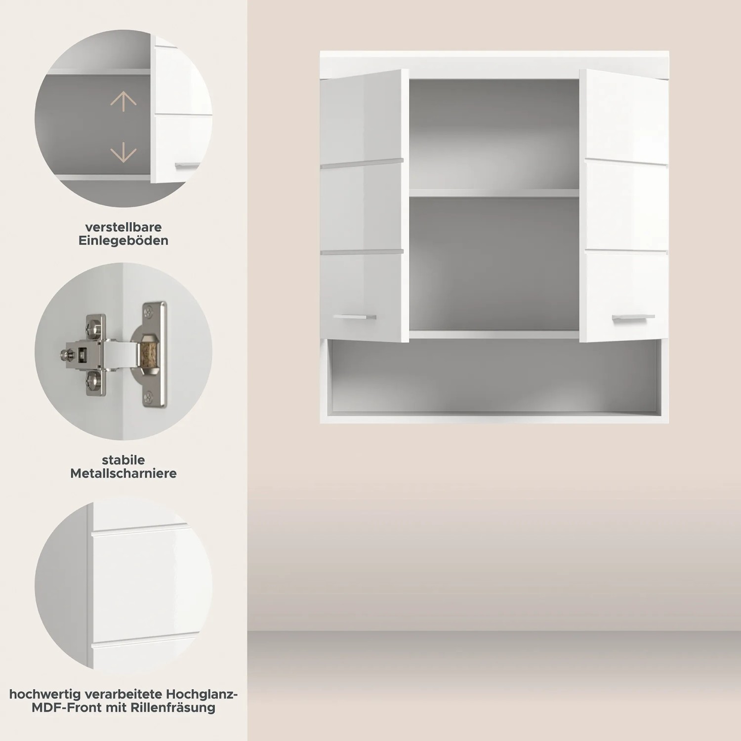 Weißer Hochglanz Hängeschrank (74x79x24cm) mit zwei offenen Türen und Details zu Scharnieren und Einlegeböden.