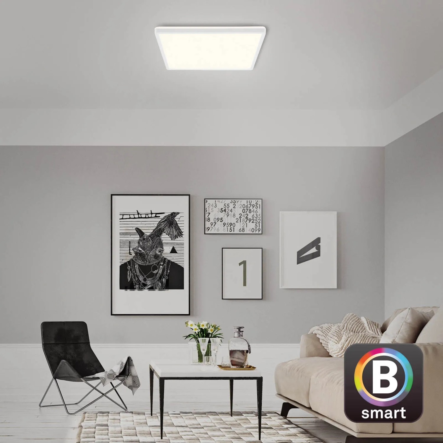 Weiße, smarte Brilo WiFi LED Deckenleuchte Slim, 42x42cm, mit App und Sprachsteuerung im Wohnraum.