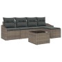 Graues 6-tlg. vidaXL Garten-Sofa-Set aus Poly Rattan mit Tisch und grauen Kissen.