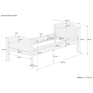 Skizze Erst-Holz Seniorenbett Buche Massivholz, 90x200 cm, geschwungenes Design mit Maßangaben.