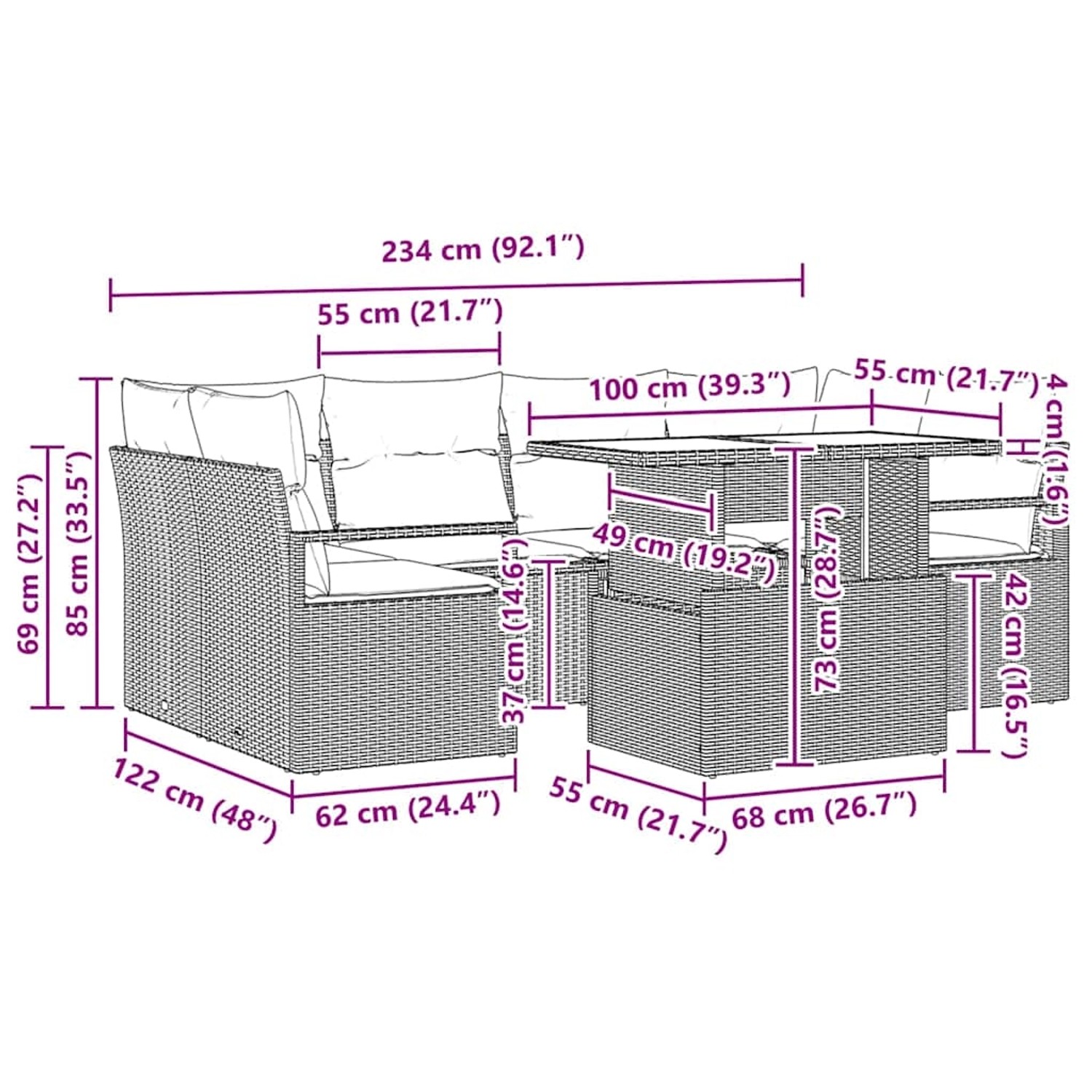 vidaXL Garten-Sofa-Set, 7-teilig, schwarz, Poly Rattan, mit Maßangaben.