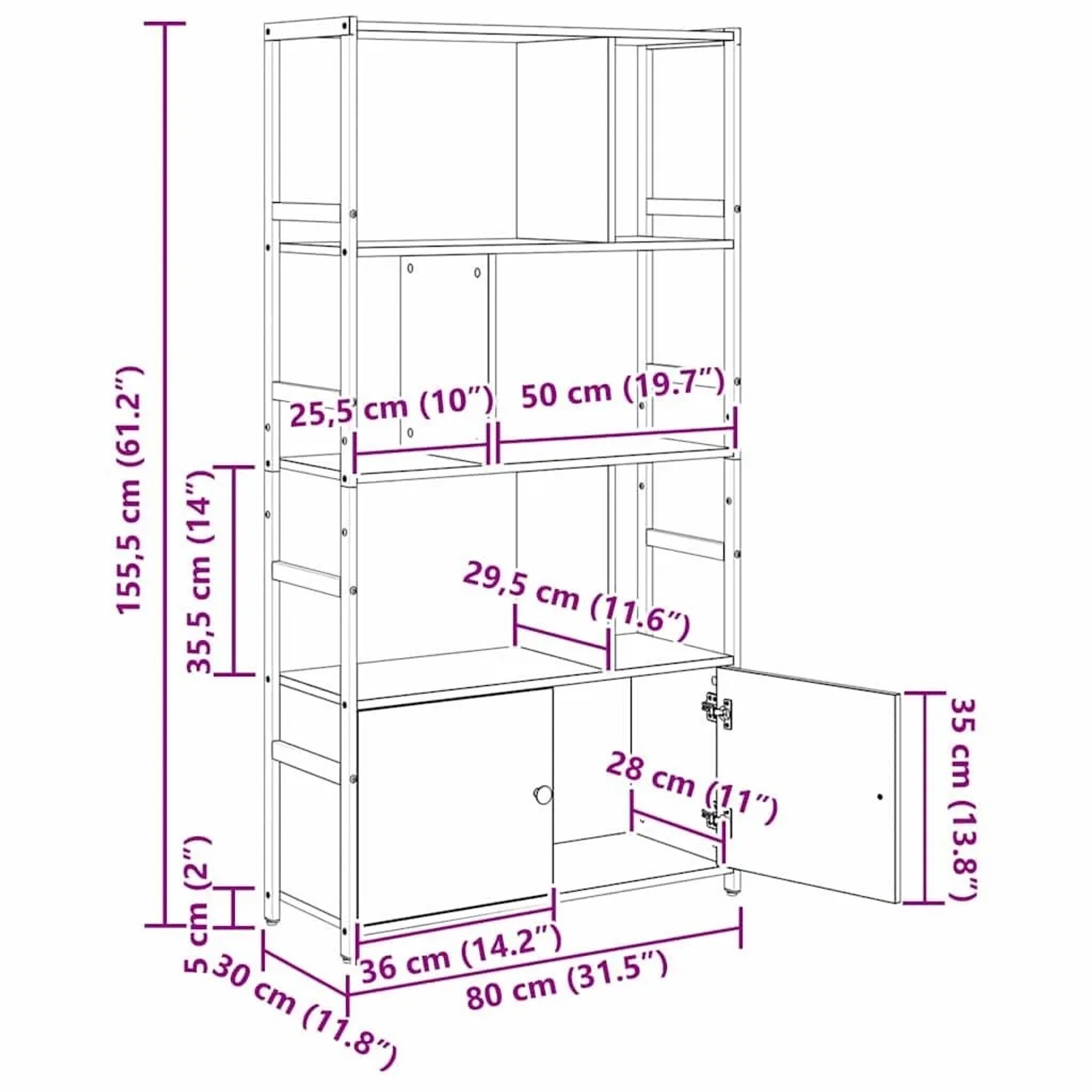vidaXL Bücherregal Artisan-Eiche, 80x30x155,5 cm. Offene Fächer, 2 Schranktüren. Holzwerkstoff.
