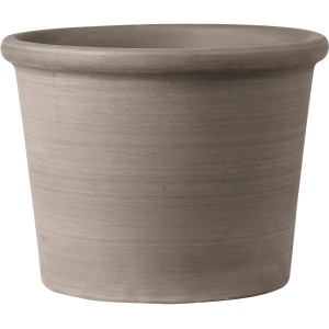 Graphitfarbener Deroma Pflanztopf Zylinder Primitivo Ø 38 cm aus Terrakotta.