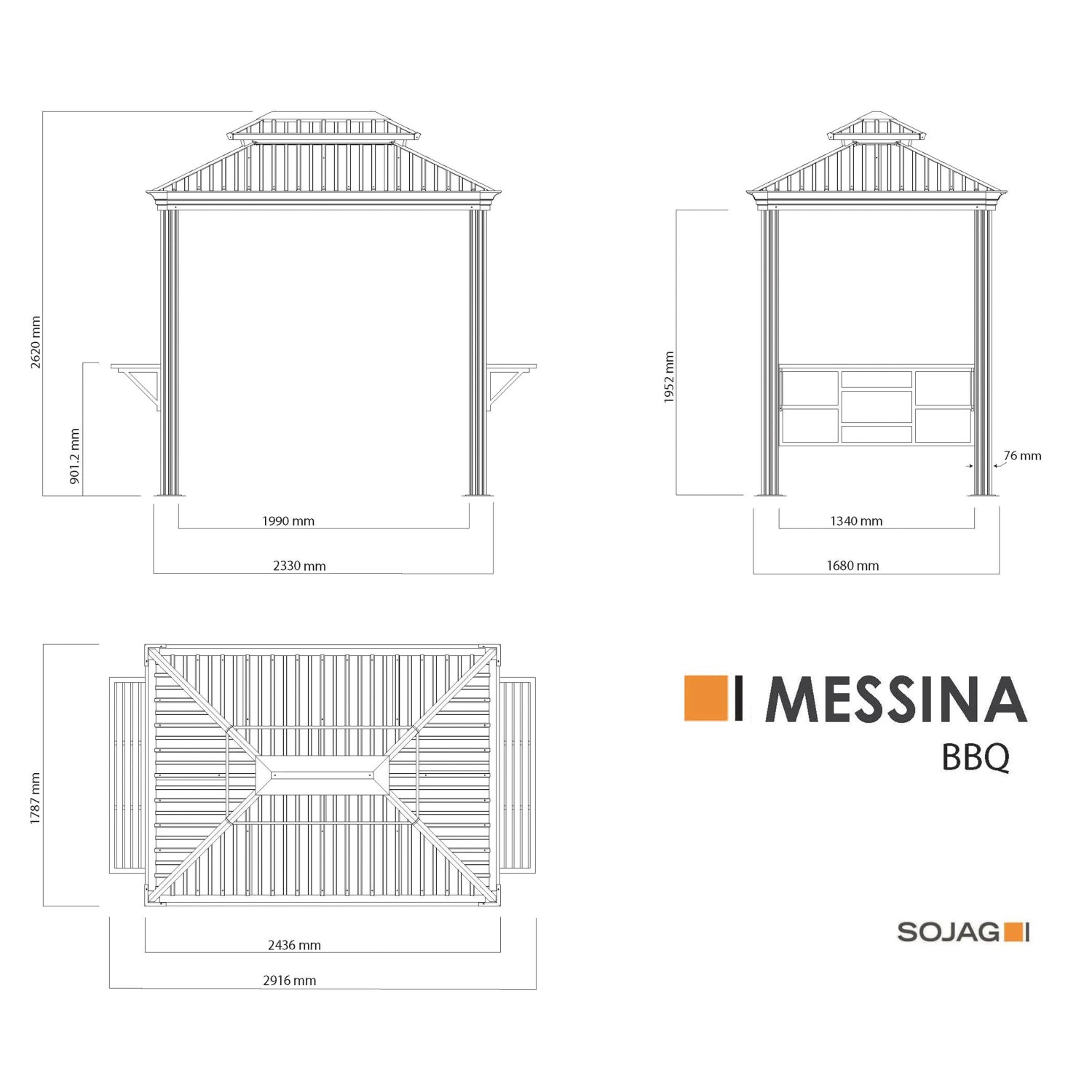 Technische Zeichnung: Sojag Grillpavillon Messina BBQ, Aluminium, 179x292x262 cm, Anthrazit, mit Maßangaben.