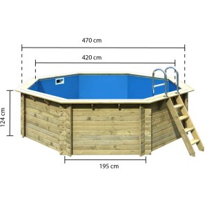 Karibu Pool 2 A KDI Holzpool mit Leiter und blauer Innenfolie.