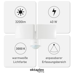 Oktaplex Außenstrahler mit Bewegungsmelder Warmweiß Außenwandleuchte Schwenkbar IP65 Weiß 40W 230V