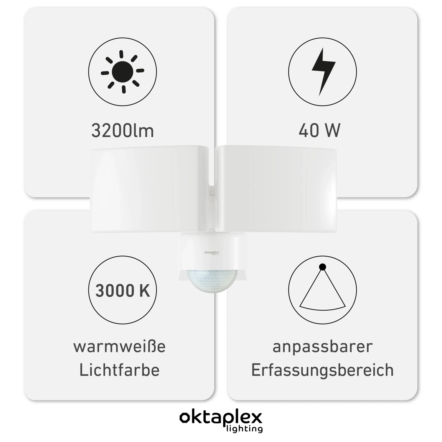 Weißer Oktaplex LED Außenstrahler mit Bewegungsmelder, schwenkbar, 40W, IP65.