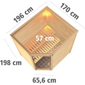 Karibu Sauna Mia Natur, Massivholzsauna mit Eckeinstieg und Maßen.