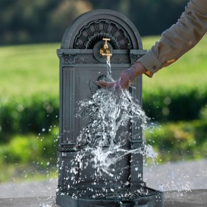 Relaxdays Standbrunnen Aluminiumguss Messing Grau mit Wasserhahn und Becken 83 cm x 39 cm x 33 cm 6,5 kg
