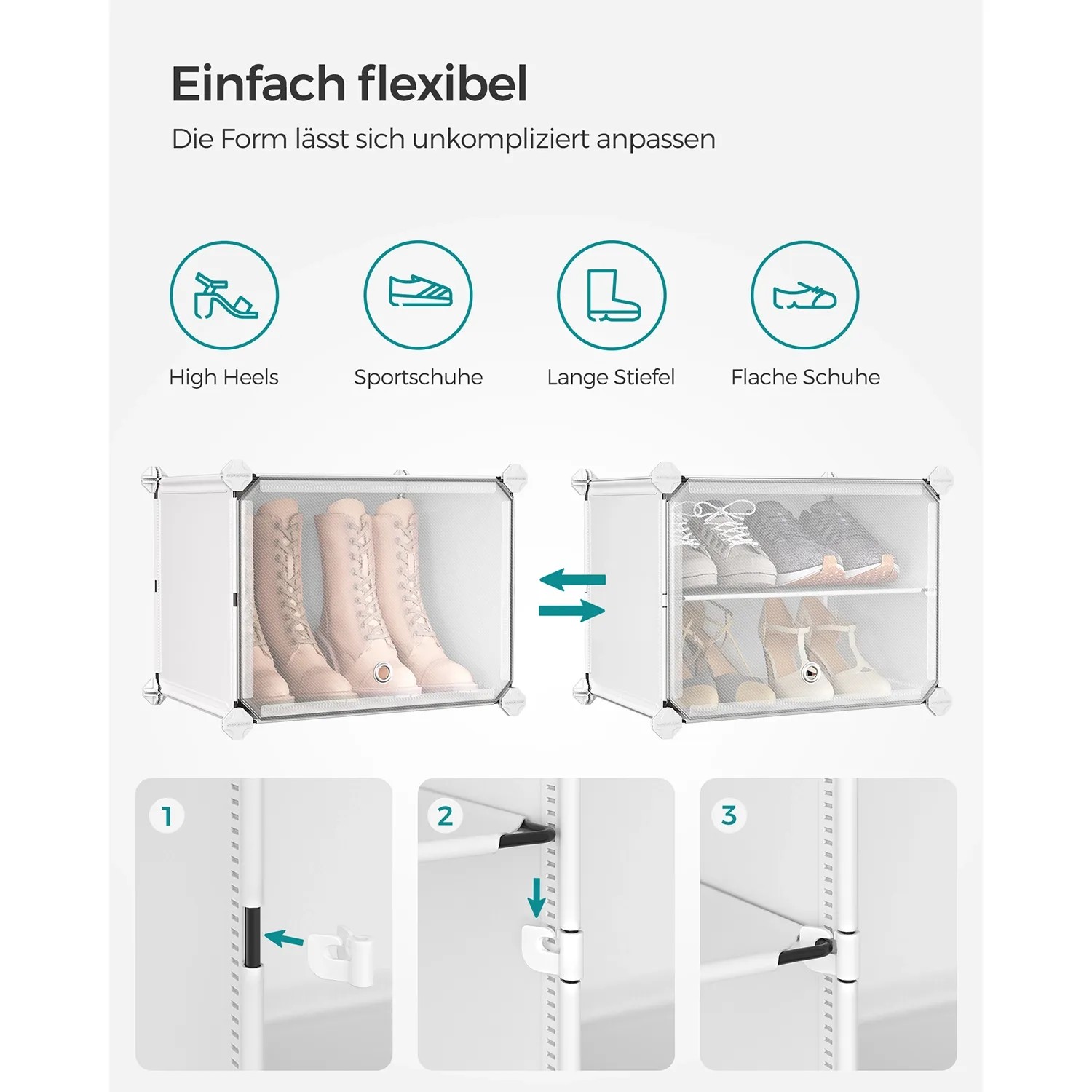 Weißes Songmics Schuhregal mit 6 Fächern für bis zu 24 Schuhe, flexibel anpassbar.