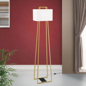 Elegante goldene Orion Stehleuchte Gordi mit weißem Stoffschirm. Design-Stehlampe für Wohnräume.