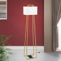 Elegante goldene Orion Stehleuchte Gordi mit weißem Stoffschirm. Design-Stehlampe für Wohnräume.