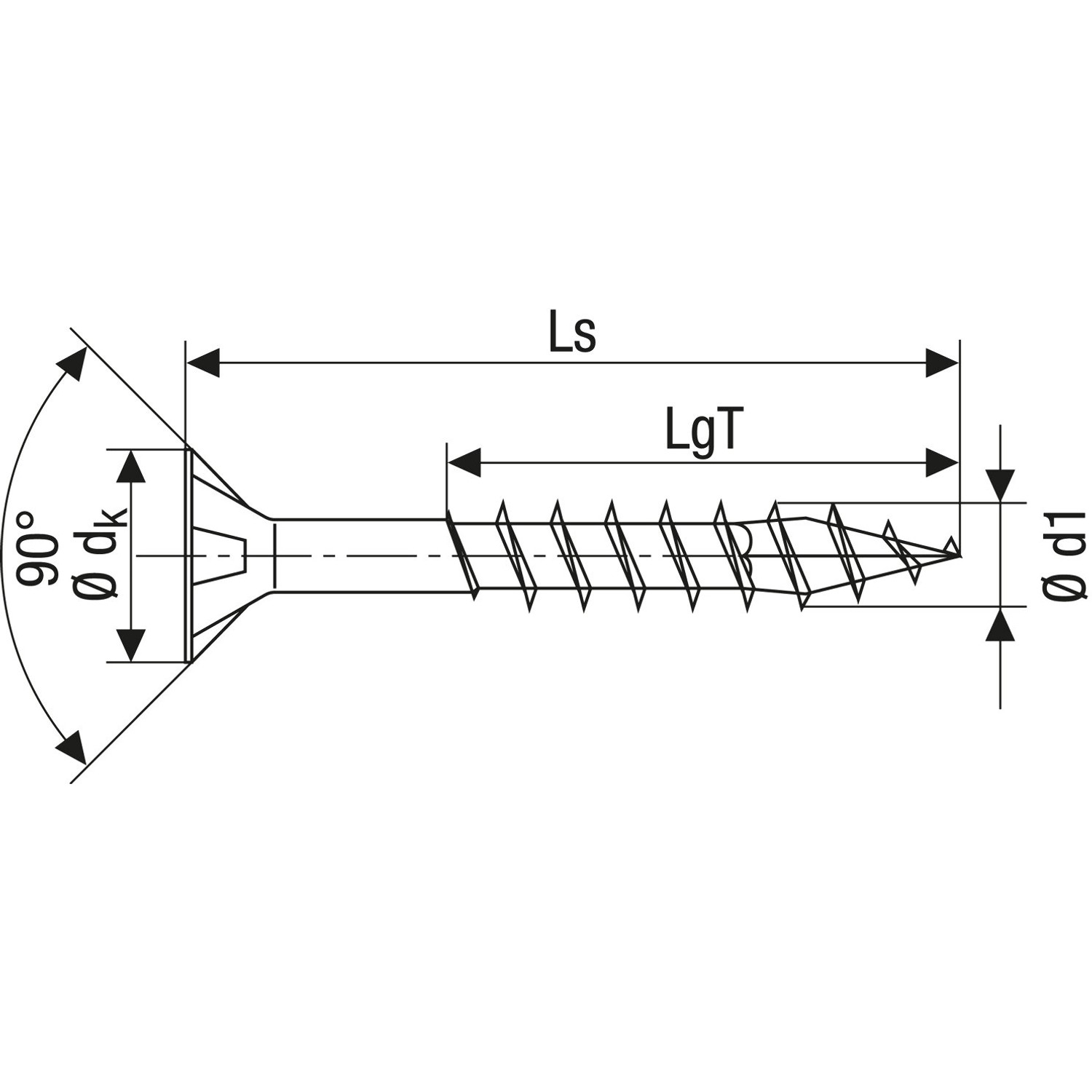 Technische Zeichnung Spax Universalschraube Senkkopf, Ø 5x60 mm, T-Star plus Antrieb.