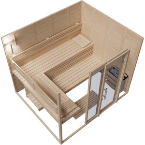 Eilo Sauna EL-BE 40-2121 mit Glastür und Seitenteil, Blockbohlen-Elementbauweise.