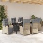 7-teilige Garten Essgruppe aus beigem Poly Rattan mit verstellbaren Stühlen und Tisch mit Glasplatte.