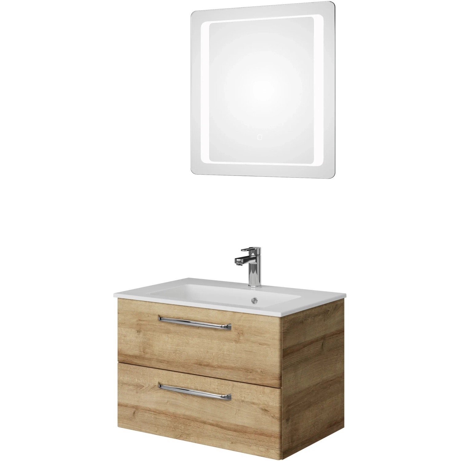 Pelipal Badmöbel-Set Trentino Eiche: Waschbeckenunterschrank, Waschbecken und Spiegelschrank mit LED.