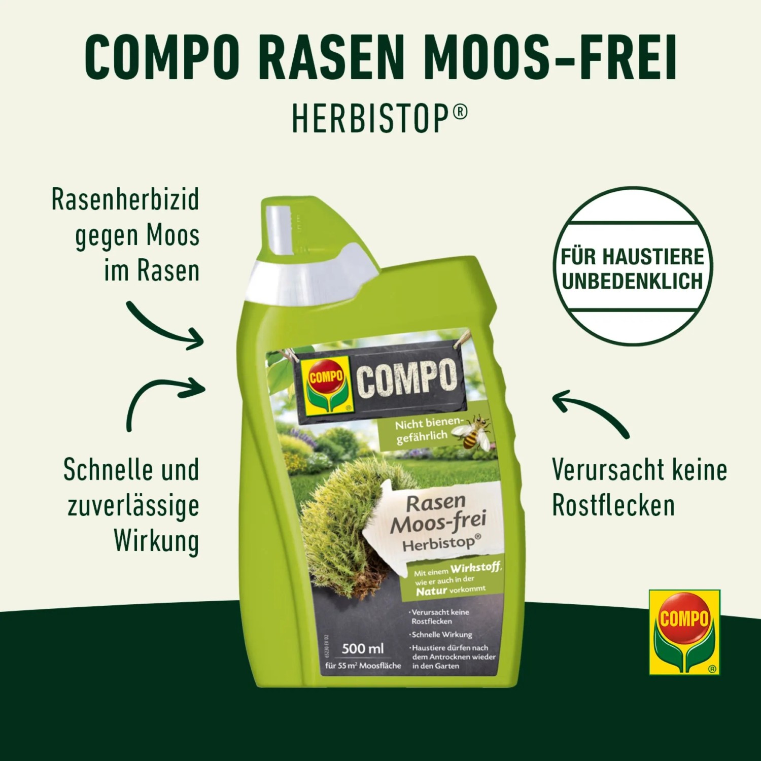 Compo Bio Rasen Moosfrei Herbistop 500ml: Rasenherbizid gegen Moos und Algen im Garten.