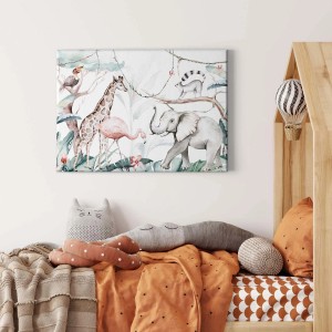 Bricoflor Wandbild mit Dschungel-Motiv für Kinderzimmer mit Elefant, Giraffe und weiteren Tieren.