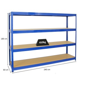 Blaues PROREGAL Schwerlastregal Dino, 180x240x60 cm, mit 4 MDF-Fachböden und einer Fachlast von 450 kg.