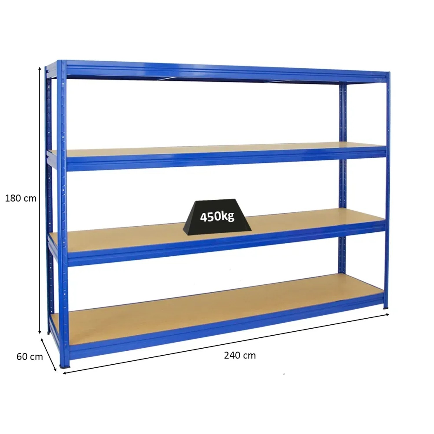 Blaues PROREGAL Schwerlastregal Dino, 180x240x60 cm, mit 4 MDF-Fachböden und einer Fachlast von 450 kg.