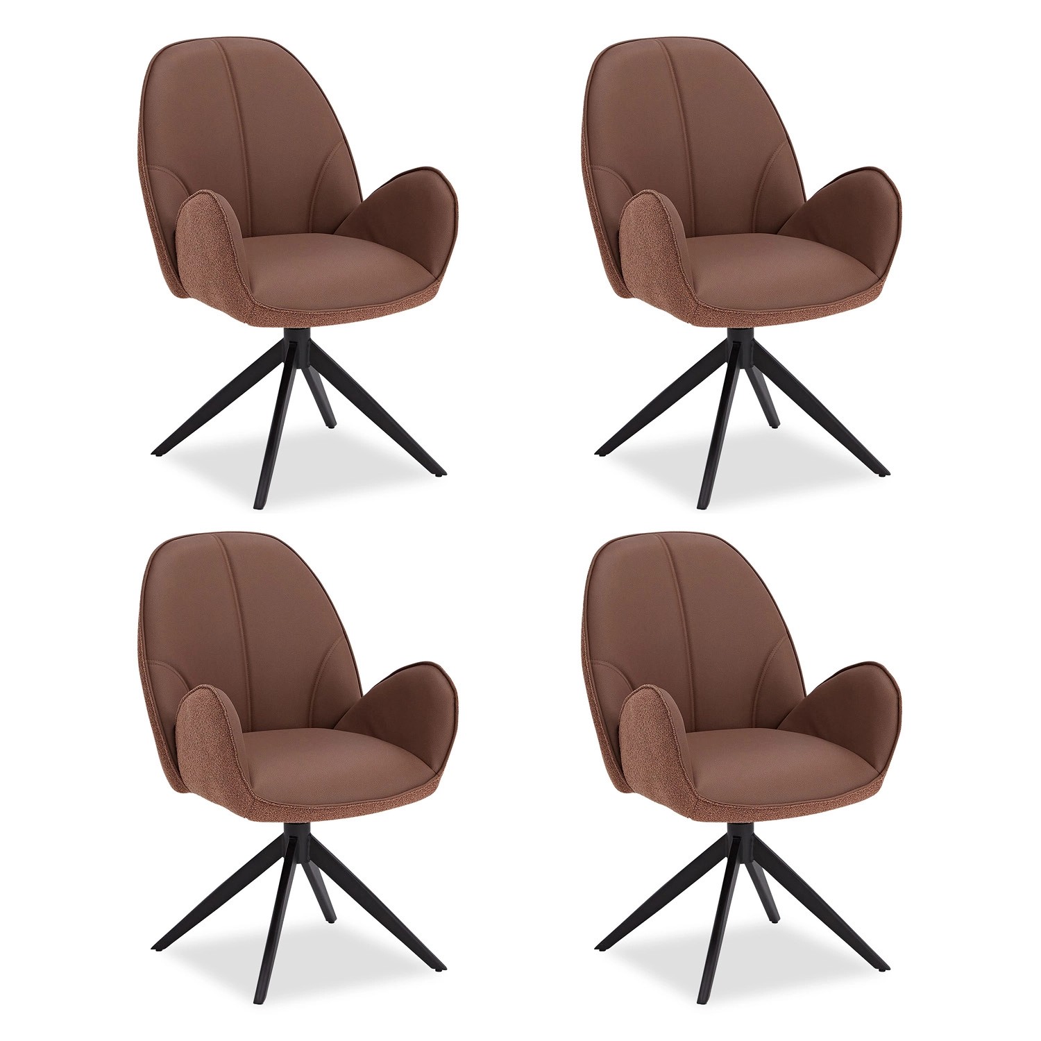 Homestyle4u Polsterstuhl 4er Set Bouclé Leder Braun Drehbar 3070