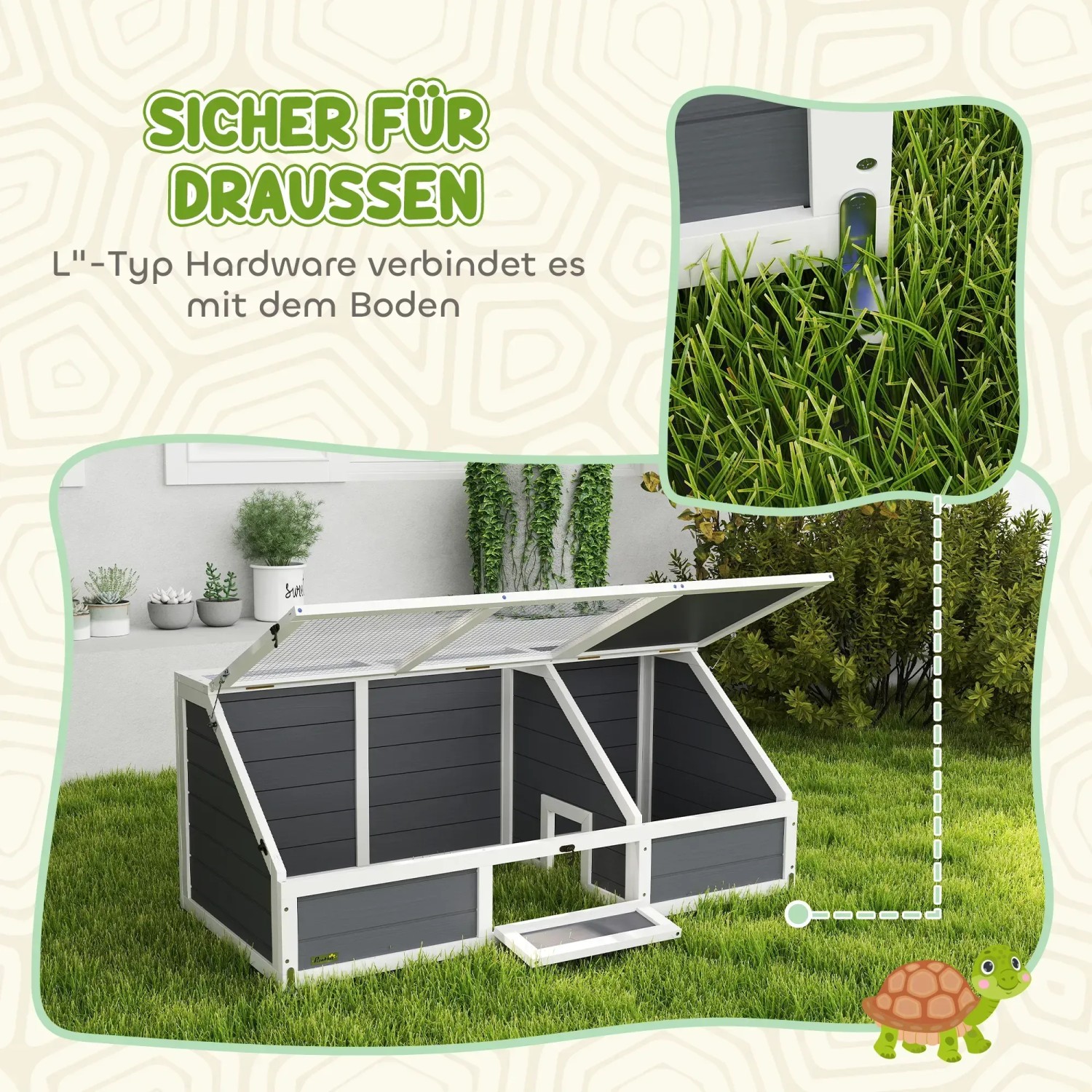 PawHut Schildkrötenhaus aus Tannenholz, hellgrau, mit verzinktem Stahl. Ideal als Transportbox für Kleintiere.