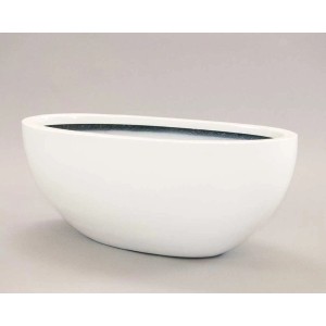 Eleganter, ovaler Pflanzkübel aus Fiberglas in Hochglanz-Weiß (65x31x25cm).