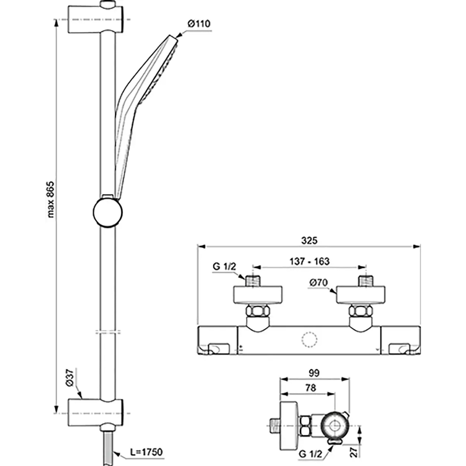 Technische Zeichnung Ideal Standard Ceratherm T50 Duschsystem mit Brausestange (900mm) und Maßen.