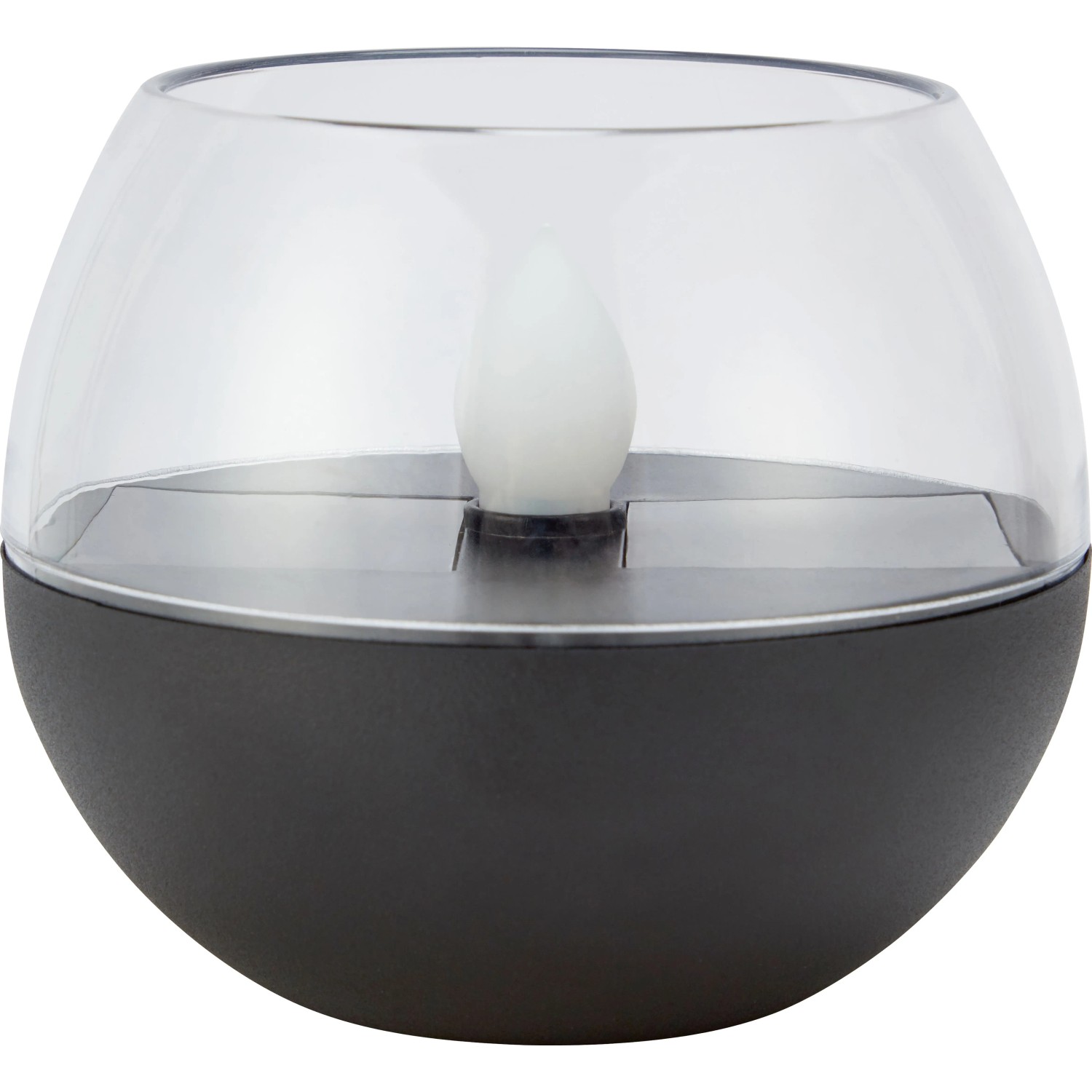 Schwarze Solar-LED-Leuchte im Windlicht-Design, transparentes Oberteil, ca. 8,5 cm hoch.