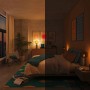 Philips Smart-LED-Leuchtmittel E27 Tropfenform Set im Schlafzimmer, das warmes Licht und gedimmte Bereiche für flexible Stimmung zeigt.