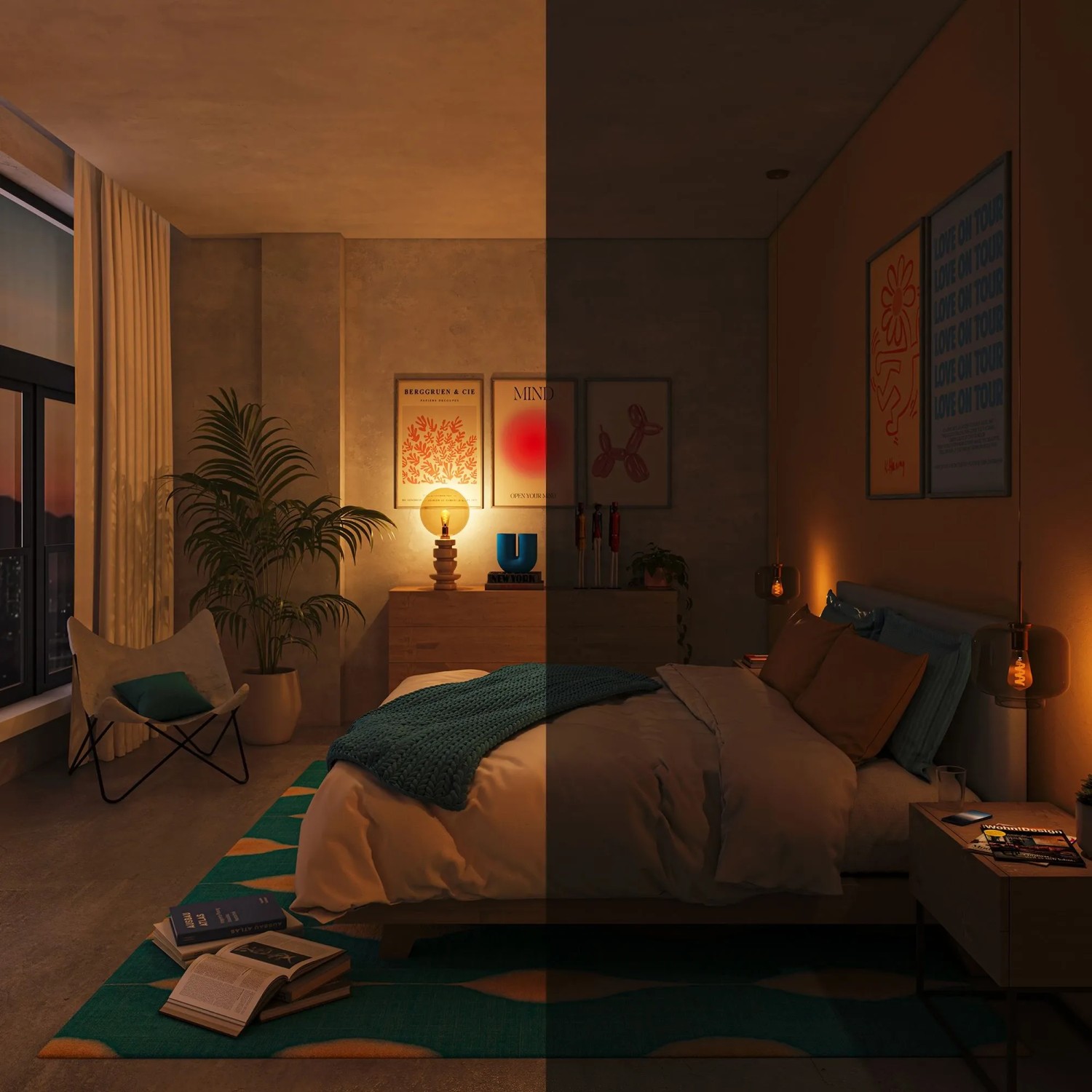 Philips Smart-LED-Leuchtmittel E27 Tropfenform Set im Schlafzimmer, das warmes Licht und gedimmte Bereiche für flexible Stimmung zeigt.
