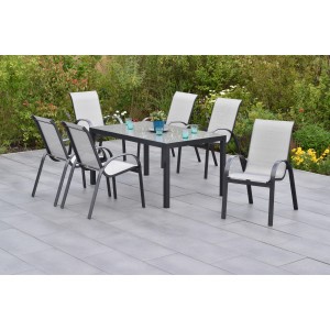Merxx Amalfi Gartenmöbel-Set, 7-teilig: Tisch 150x90 cm, 6 Stapelsessel, diamantbraun/grau.