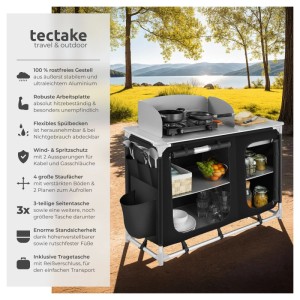 Faltbare Tectake Campingküche Luxus mit Alugestell, 4 Fächer, wetterfest, 116x52x107 cm, schwarz.