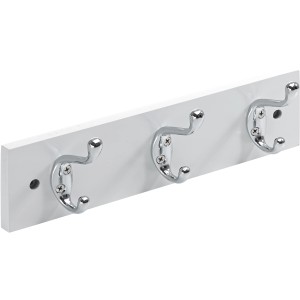 Weiße Hettich Garderobenleiste mit 3 verchromten Haken, Holz FSC®-zertifiziert.