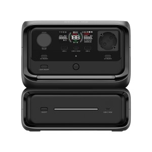 Schwarze Ecoflow River 3 Max Powerstation mit 572 Wh und Erweiterungsakku.